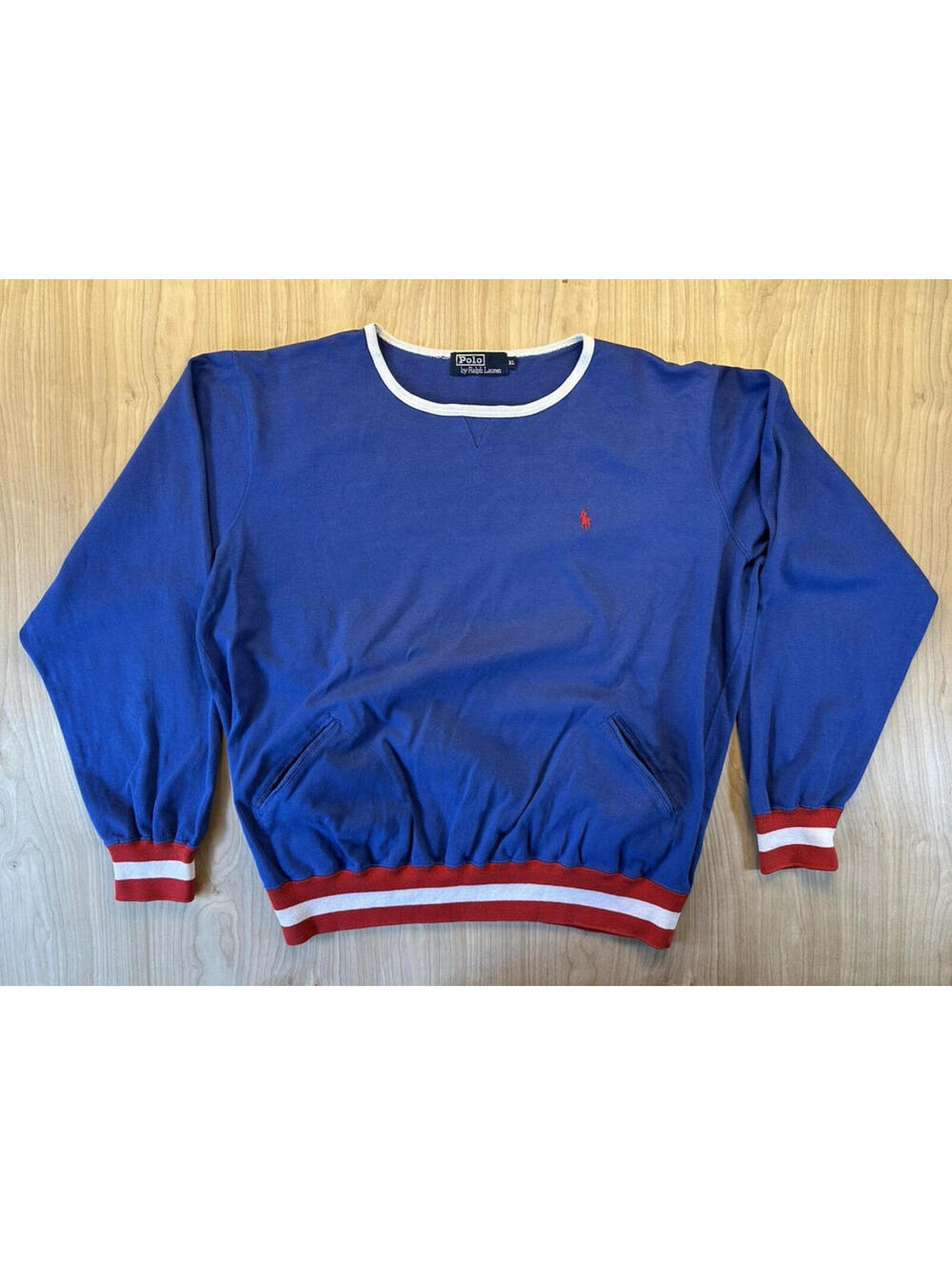 vintage 80s Polo Ralph Lauren Sweatshirt red white blue Stripe pockets xlarge